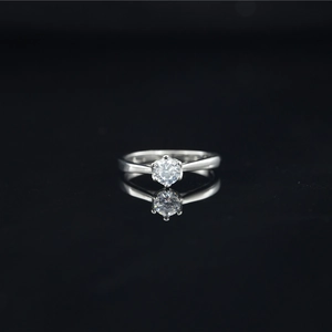 Elegant silver Moissanite ring featuring a brilliant round cut stone with classic six-prong setting