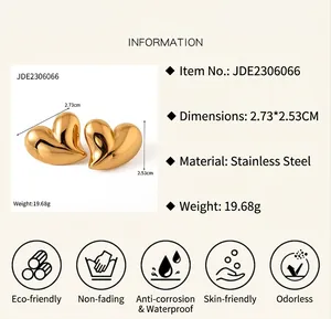 Polished 18K gold plated stainless steel heart stud earrings with size 2.73x2.53cm