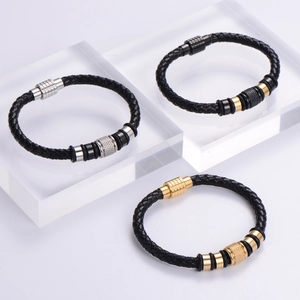 Men's black braided leather bracelets with gold, silver, and black stainless steel beads
