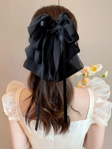 French Elegant Large Chiffon Bow Hair Claw Clip With Long Streamers Layered Pleated Hairpin For Women