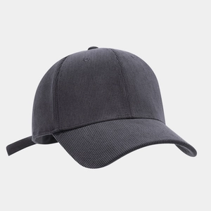 Detail view of dark grey corduroy baseball cap texture and adjustable strap back