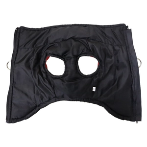 Detail of waterproof dog winter vest with zipper closure and dual D-rings for leash