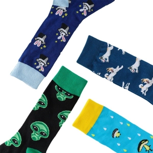 Cotton blend socks with colorful alien, rabbit, and mushroom cartoon patterns