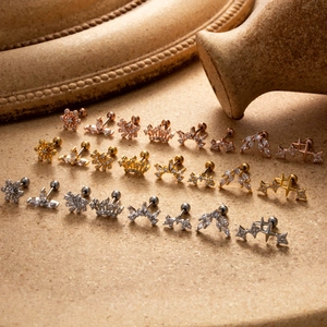 Surgical steel cartilage earrings with zircons in gold, silver and rose gold finishes
