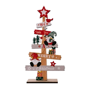 Christmas tiered wooden tree decor with gnomes and We Wish You A Merry Christmas text