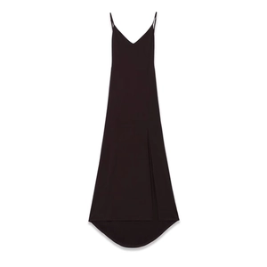 Sleeveless black V-neck maxi dress with minimalist high-low hemline and thin straps