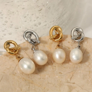 Natural Freshwater Pearl Drop Earrings Stainless Steel Knot Design Vintage Elegant Jewelry For Women
