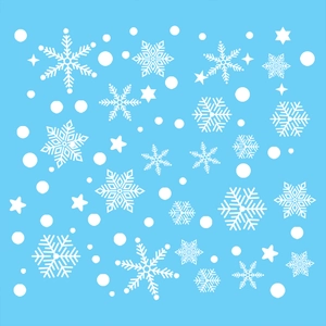 Detailed sheet of white snowflake static window decals in various geometric patterns
