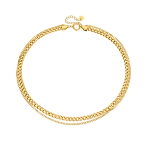 Double-layered gold-plated stainless steel chain necklace for women on white background