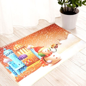 Christmas snowman and castle floor mat on wooden floor for festive home decoration