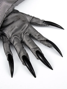 Detail of black mesh long nail gloves with silver texture and shiny long claws