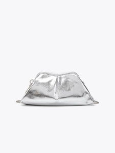 Macro shot of silver snakeskin embossed texture and metallic chain on cloud clutch bag
