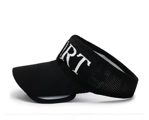 Detail of black knitted sun visor with white Sport text embroidery for outdoor fitness