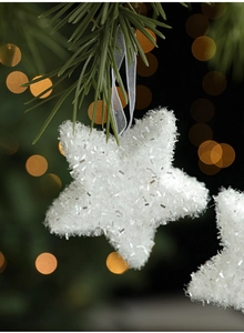 Sparkling white star Christmas ornament with silver glitter hanging on an evergreen branch