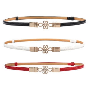 Three minimalist PU leather skinny belts in black, white, and red with gold knot buckles
