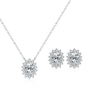 Sparkling S925 silver jewelry set with halo oval moissanite necklace and stud earrings