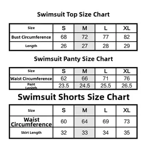Größentabelle für vierteiliges Bikini-Set mit Maßen für Oberteil und Hose von S bis XL