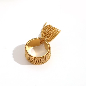 Detailed view of golden stainless steel fringe ring with beaded chain band design