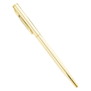 Sleek gold metallic ballpoint pen with a minimalist design and clip on white background