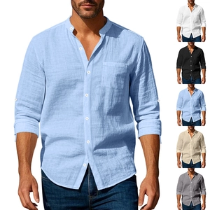 Men Linen Shirt Stand Collar Long Sleeve Casual Breathable Solid Color Lightweight Mandarin Collar Shirt With Pocket
