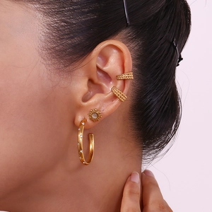 Fashion 18K gold plated stainless steel triple row bead C-shape clip earrings set