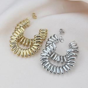 Retro gold and silver spiral spring C-shape hoop earrings in polished stainless steel