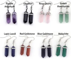 Detailed set of hexagonal crystal prism earrings in amethyst quartz and natural stones