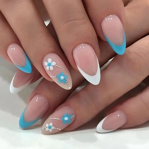 French Press On Nails Blue White Flower Pattern Almond Shape Artificial False Nails Sweet Fresh For Women With Glue