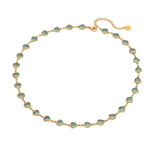 Golden link necklace with blue heart-shaped gems, lobster clasp and extension chain