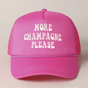 Detail of rose pink foam trucker hat with white 3D embroidery MORE CHAMPAGNE PLEASE