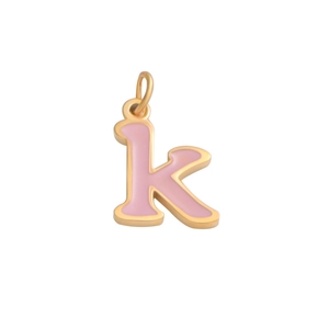 Detailed view of lowercase letter k gold plated pendant with pink enamel filling