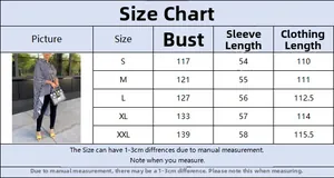 Size chart for elegant long sleeve shirt with irregular hem including bust and length info