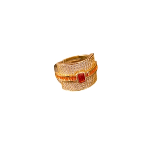 Luxurious gold wide band ring with square orange zircon and pave white stones