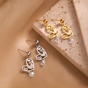 Stainless Steel Heart Drop Earrings With Shell Inlay And Crystal Pendant Hollow Design Fashion Jewelry For Women