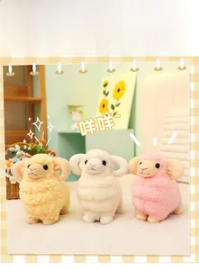 Detailed view of plush toy sheep with soft curly fur in white, yellow, and pink colors