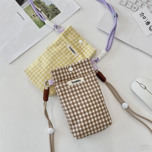 Détails de petits sacs à carreaux pour téléphone avec bandoulières et boutons