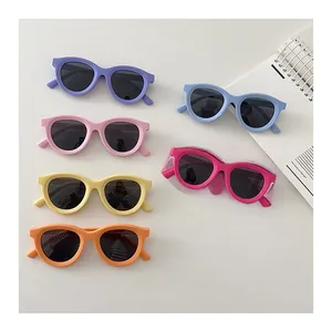Detailed view of colorful silicone kids polarized sunglasses in various bright summer shades
