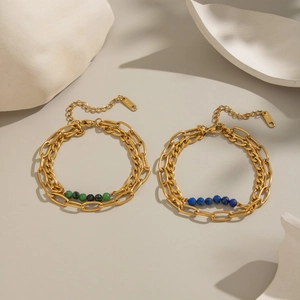 Double Layer Bracelet 18K Gold Plated Stainless Steel Geometric Natural Stone Beads Waterproof Jewelry Women