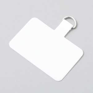 Close-up of a white universal phone tether tab with a silver D-ring for lanyards