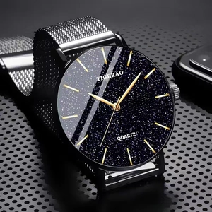 Men's black starry sky quartz watch with dual calendar and Milanese mesh band