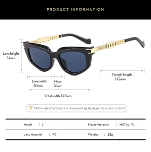 Detailed dimension guide for cat eye sunglasses with gold chain temples and metal frame