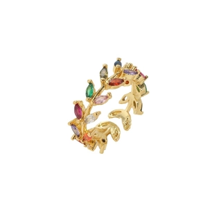 Bague ouverte motif feuille plaquée or 14K avec zircons colorés de taille marquise