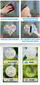 Step-by-step installation guide for suncatcher window film showing prism light effects