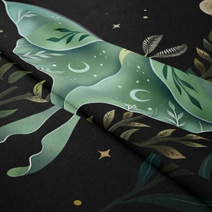 Macro detail of Bohemian moon moth tapestry showing soft velvet texture and floral print
