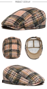 Detailed views of plaid ivy cap with pink-orange tartan fabric and metal buckle