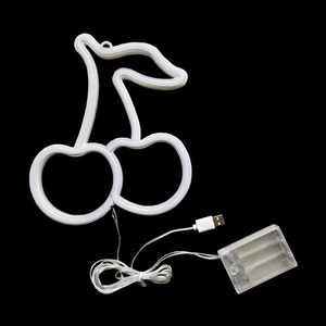 Detail of LED cherry neon sign with dual power USB and battery box connector