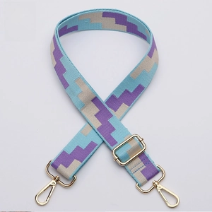 Detail of model 318 adjustable woven strap with purple geometric patterns and gold hardware