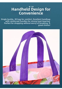 Detail of purple tote bag showing red rose print and reinforced stitching on handles