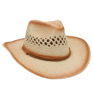Beige hollow-out woven cowboy straw hat with brown gradient brim and chin strap
