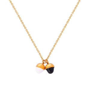 Detail of gold chain necklace featuring black and white acorn pendants with size dimensions